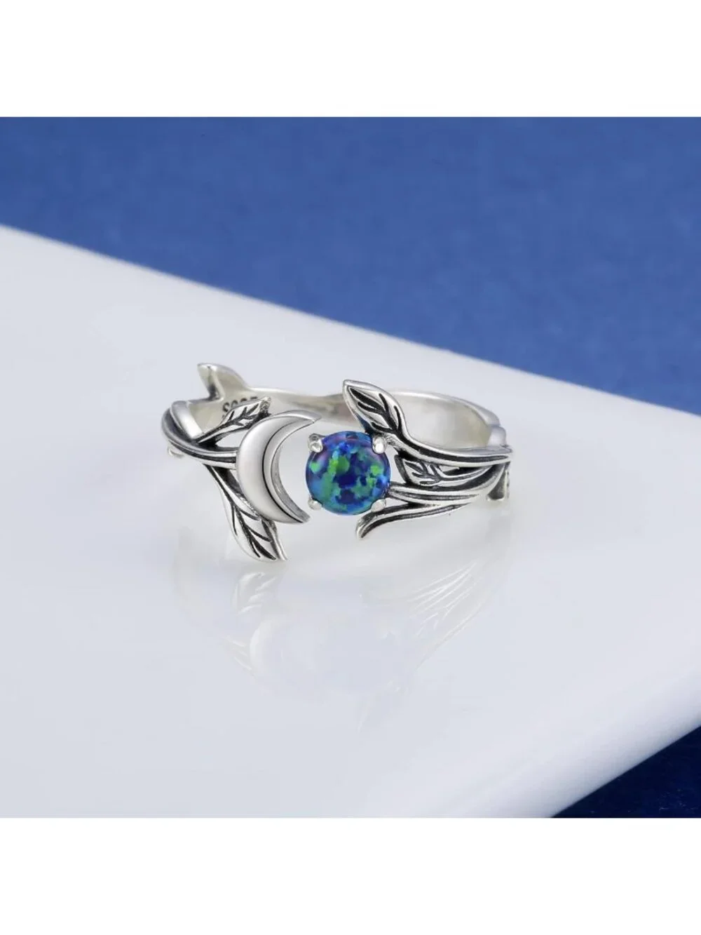 Adjustable Vintage Crescent Moon Ring - 925 Sterling Silver Opal & Turquoise